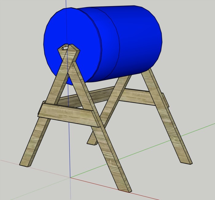 Compost Tumbler made from 55 gallon plastic drum and pressure treated wood boards as a stand.