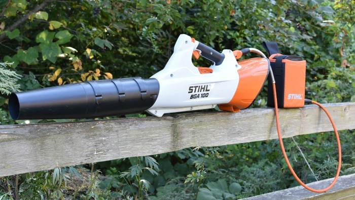 Stihl BGA 100 Battery Blower. Nozzle in focus.  