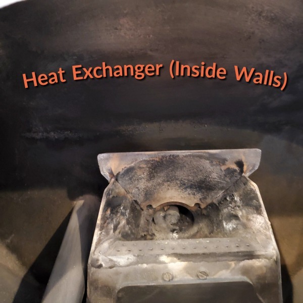 inside walls of the pellet stove. Caption that states: "Heat Exhanger (inside walls)" 